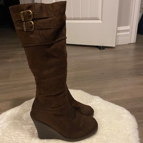 Brown Suede Tall Wedge Boots - Picture 3 of 7